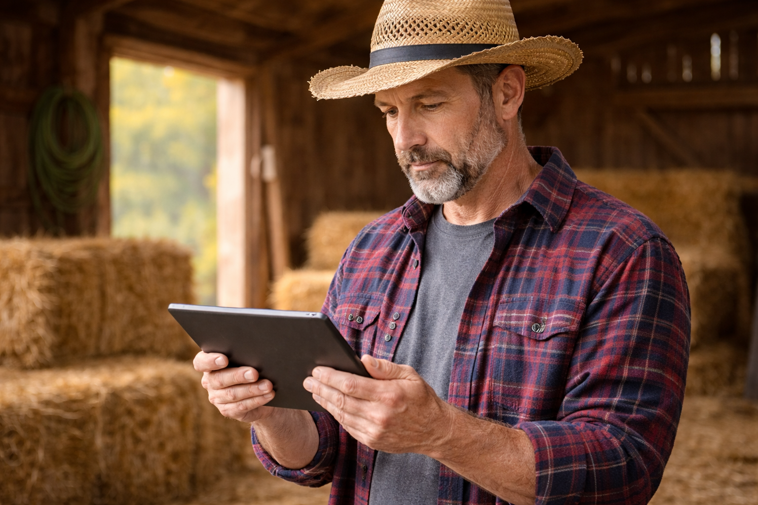 Granjero revisando datos en una tablet dentro de un establo con pacas de heno