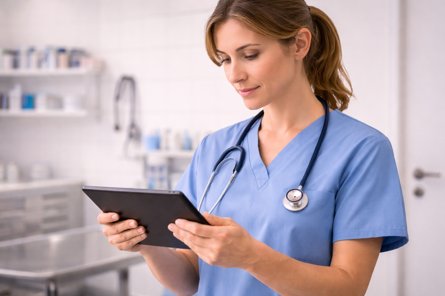 Veterinaria con bata clínica y estetoscopio consultando una tablet en consulta
