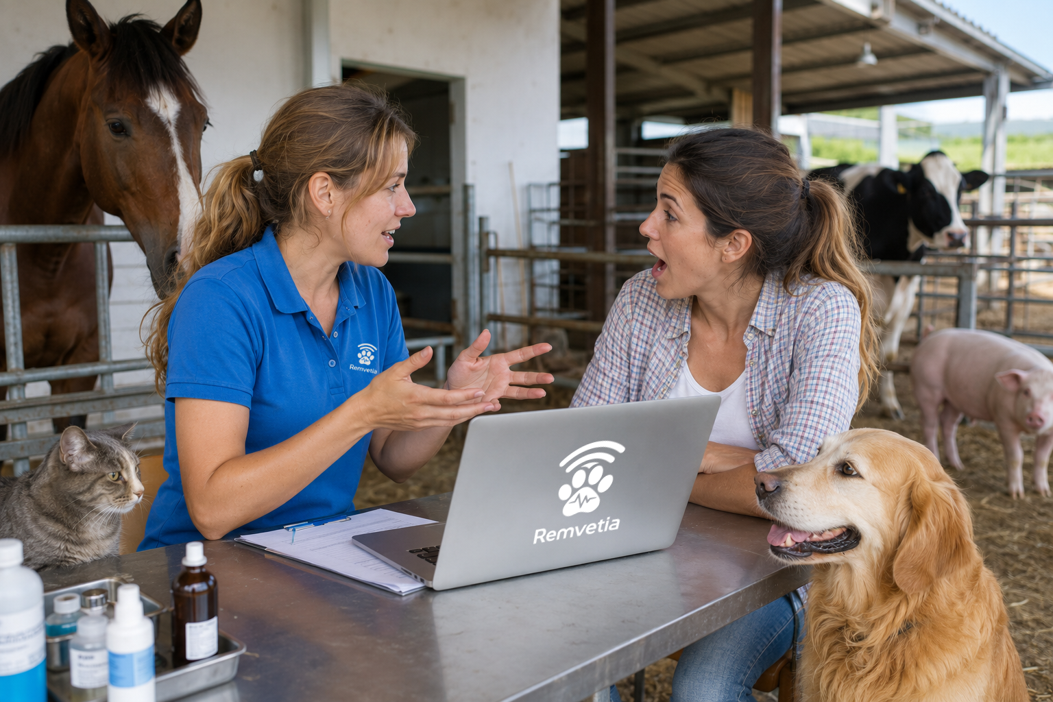 Consulta de Remvetia con una clienta en un entorno ganadero, rodeadas de animales