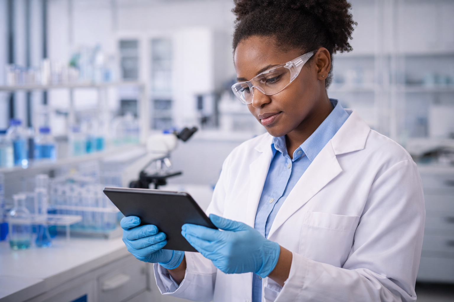 Investigadora en laboratorio con bata, gafas de protección y tablet revisando datos