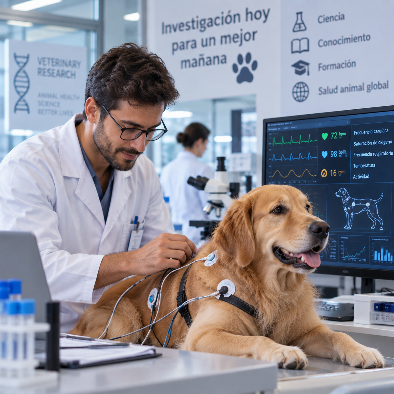 Investigador veterinario monitorizando a un perro en un laboratorio de salud animal