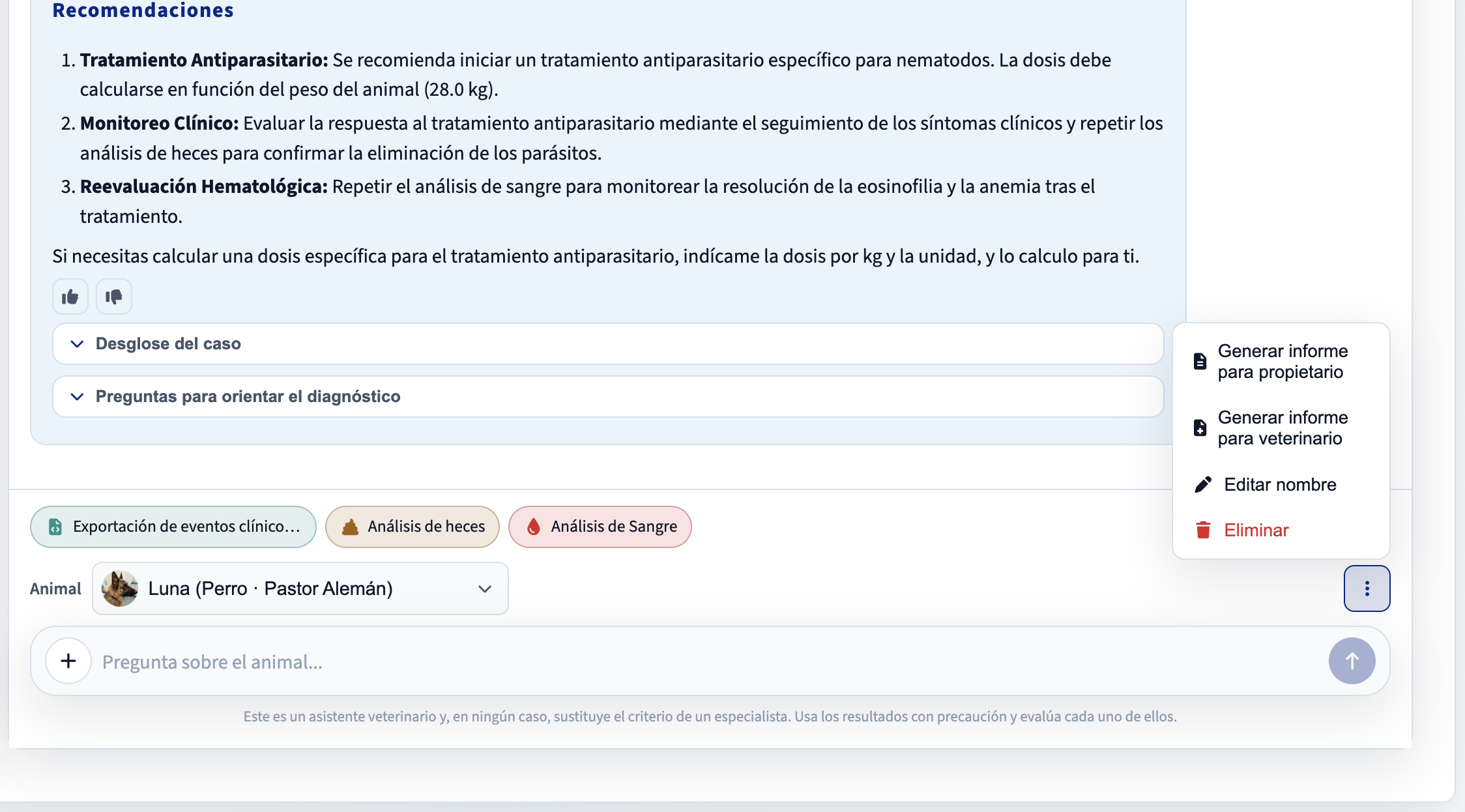 Menú de acciones posibles por conversación