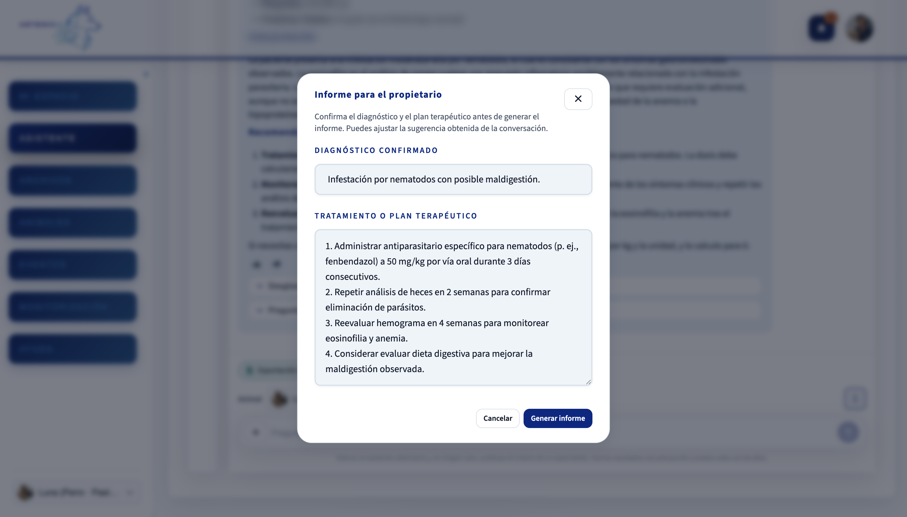 Modal de diagnóstico sugerido para el propietario