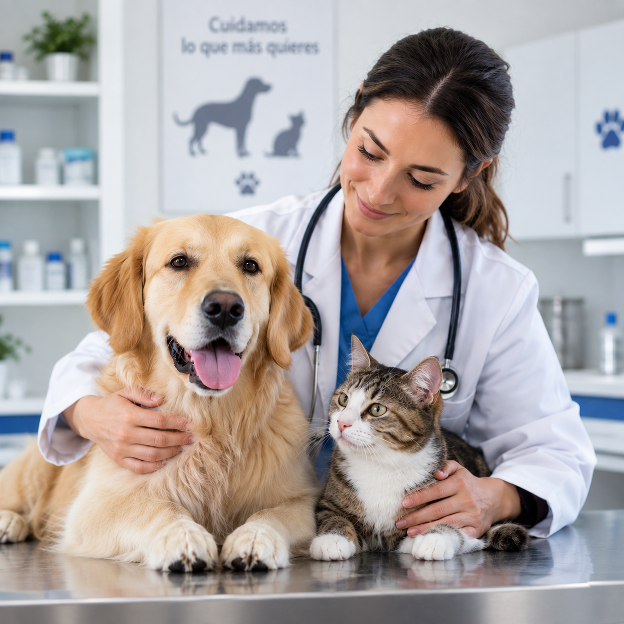 Veterinaria con un perro y un gato en la mesa de consulta de una clínica