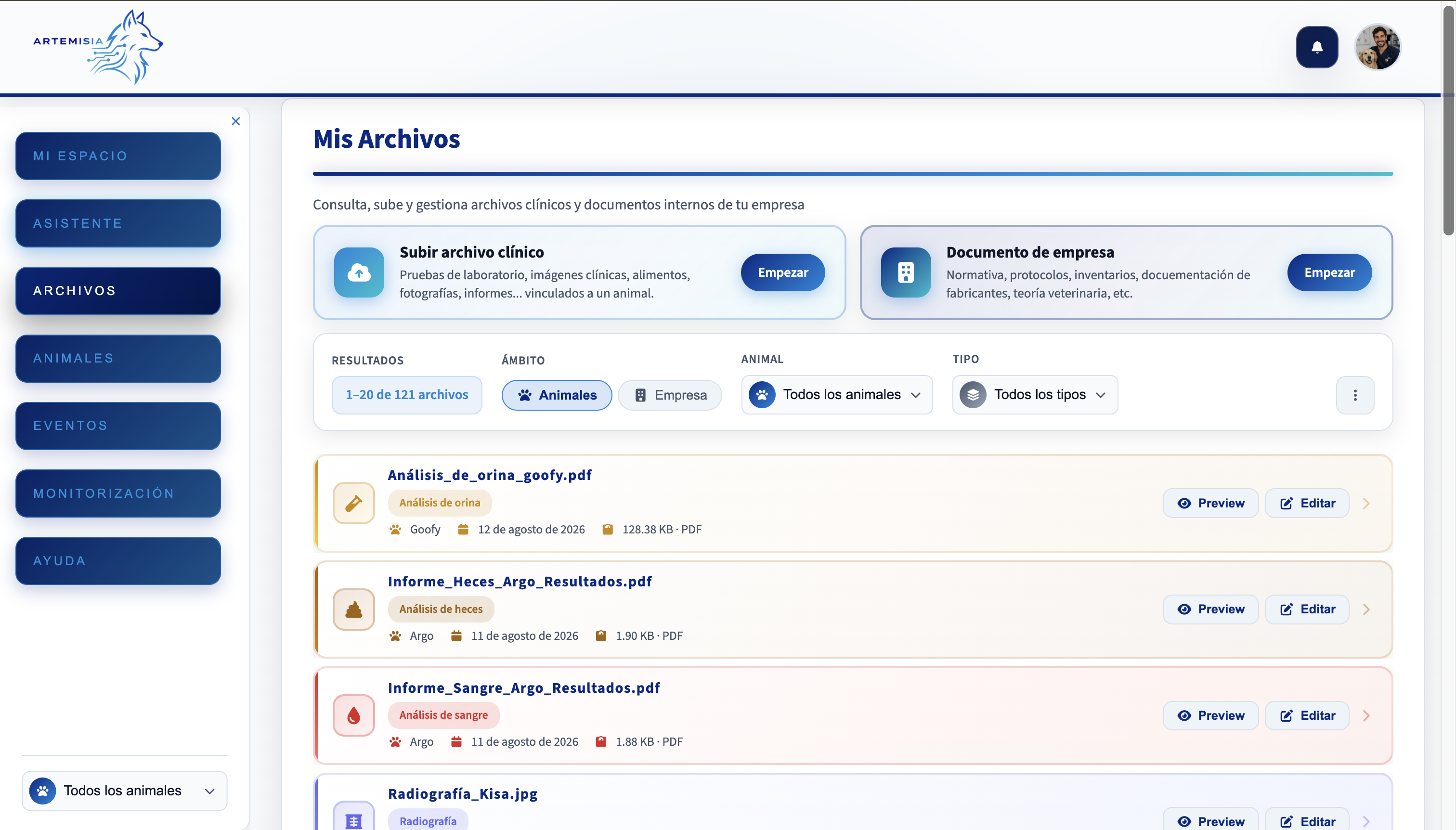 Pantalla Mis Archivos de Artemisia con listado de documentos clínicos